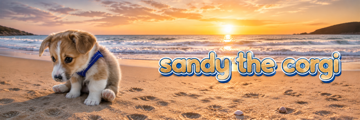 Sandy The Corgi banner — sunset beach with sandy the corgi lettering